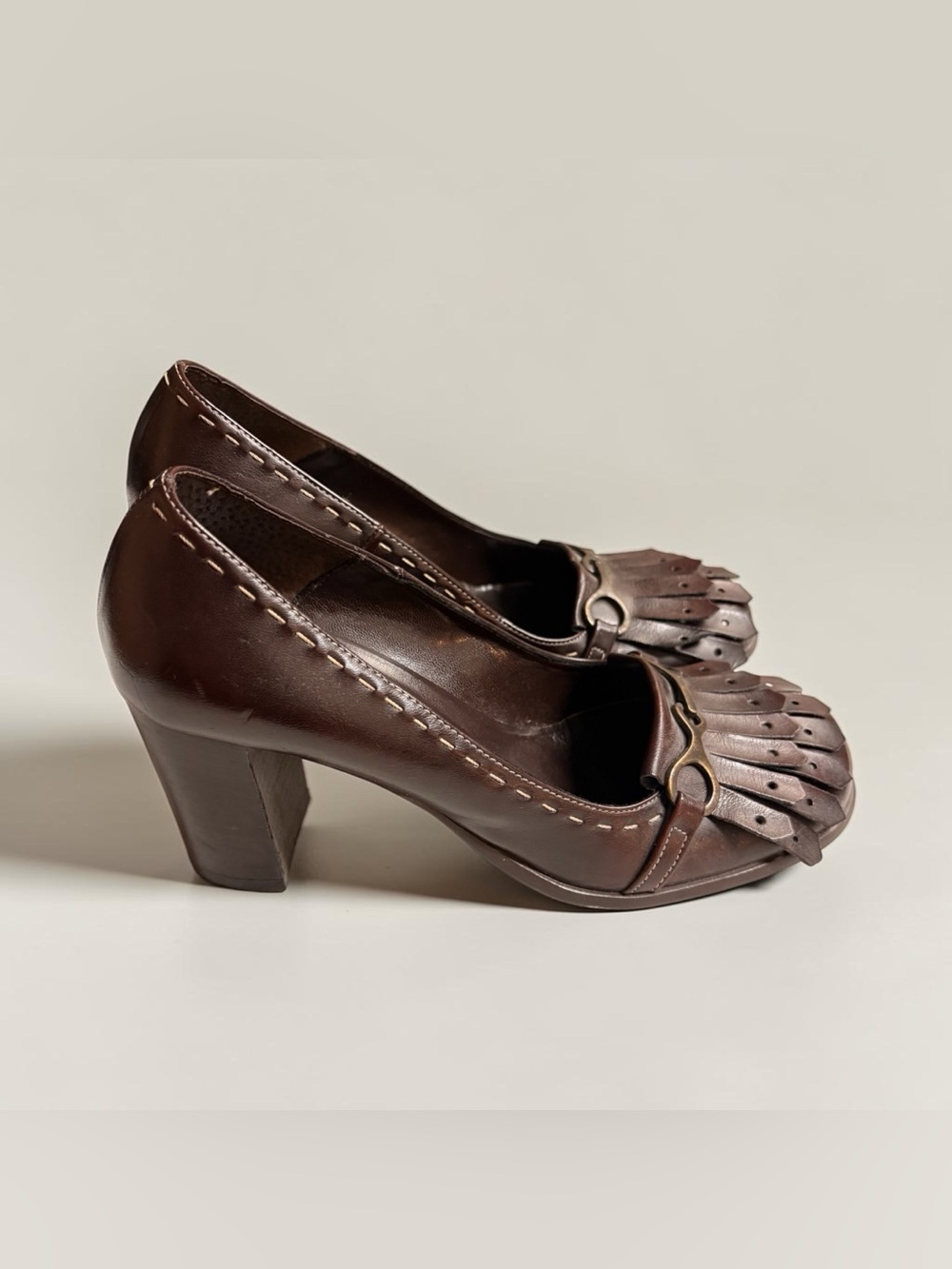🤎Jonak Paris Brown Leather Kiltie Horsebit Block Heel Pumps– EU 39 Made in Italy